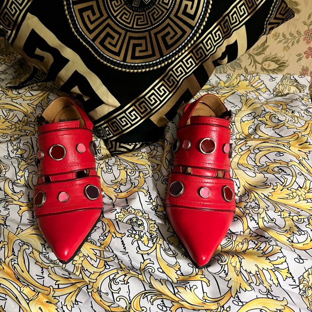 John Fluevog Red Pointed Toe Cutout Slingback Flats - Picture 2 of 5